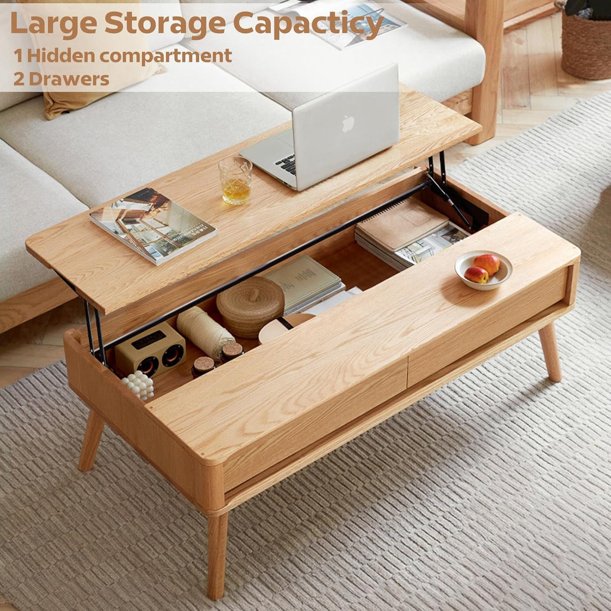 100% Solid Wood Lift Top Coffee Table for Living Room, Mid Century Modern Tables with Drawers and