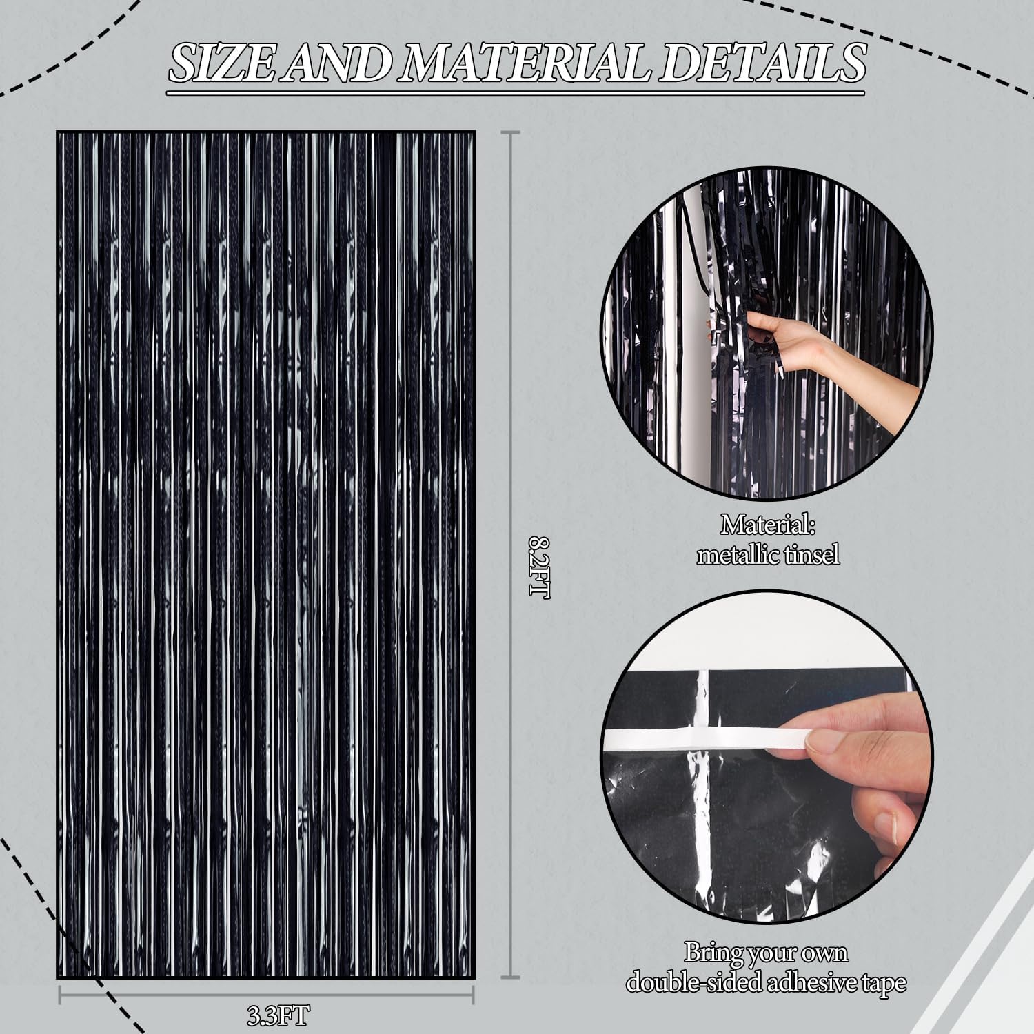 3 Pack Foil Fringe Backdrop - Laser Black Shiny Tinsel Curtains for Party Decoration/Photo Booth
