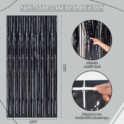 3 Pack Foil Fringe Backdrop - Laser Black Shiny Tinsel Curtains for Party Decoration/Photo Booth