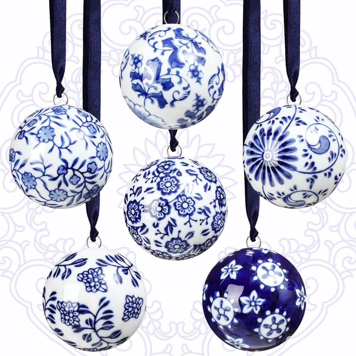Cindeer 6 Pcs Blue and White Christmas Porcelain Balls 2.4 Inch Porcelain Chinoiserie Ornament Bulk