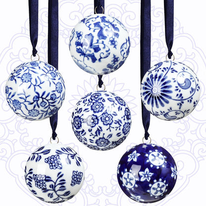 Cindeer 6 Pcs Blue and White Christmas Porcelain Balls 2.4 Inch Porcelain Chinoiserie Ornament Bulk
