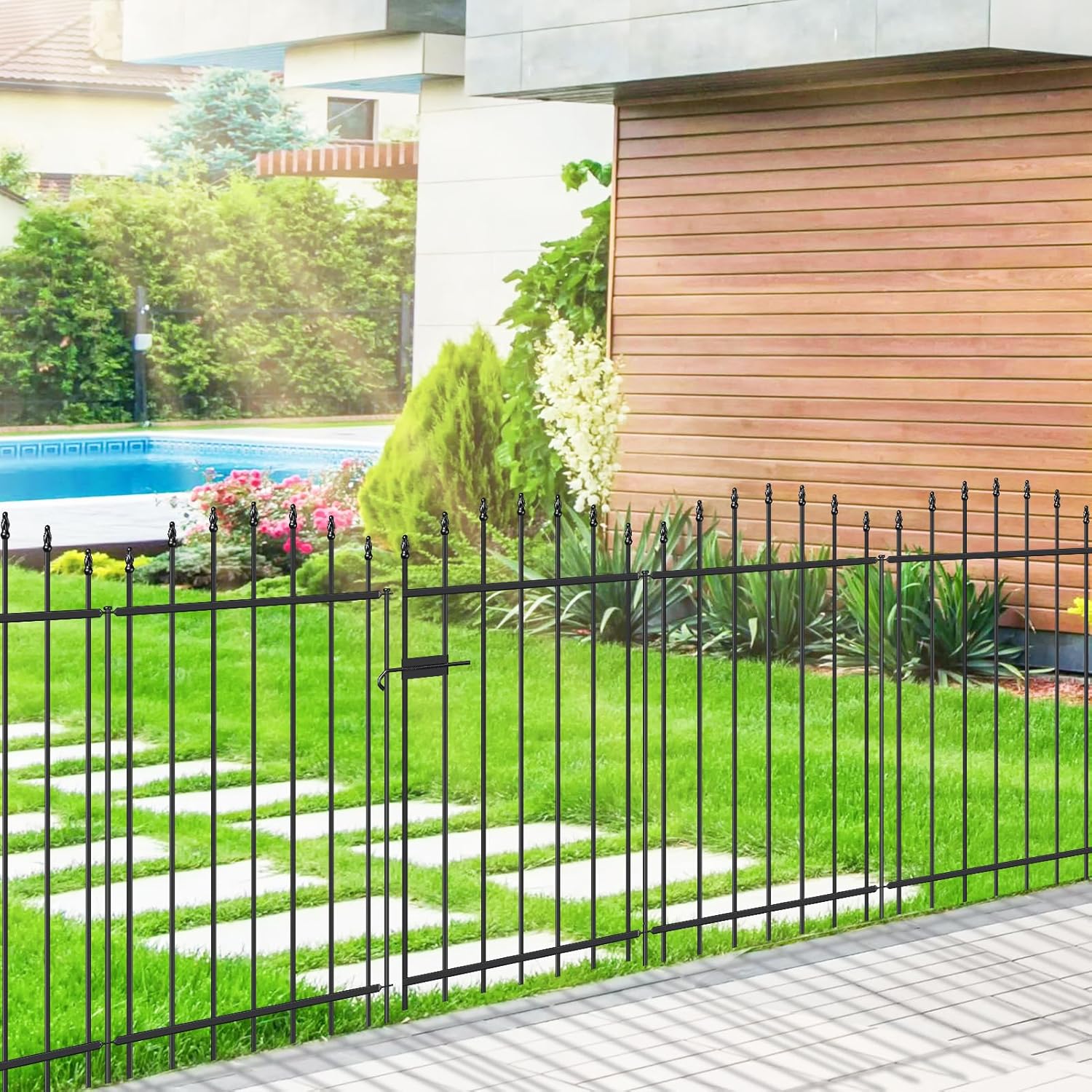 Metal Garden Fence with Gate 42 in H x 12 ft L, 1 Gate + 5 Panels Border Dog Fence Panels Animal