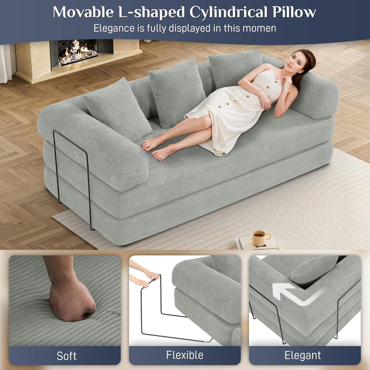 Convertible Sleeper Sofa Bed with Pillow, 4-in-1 Corduroy Folding Mattress Couch with Fixed-Shape