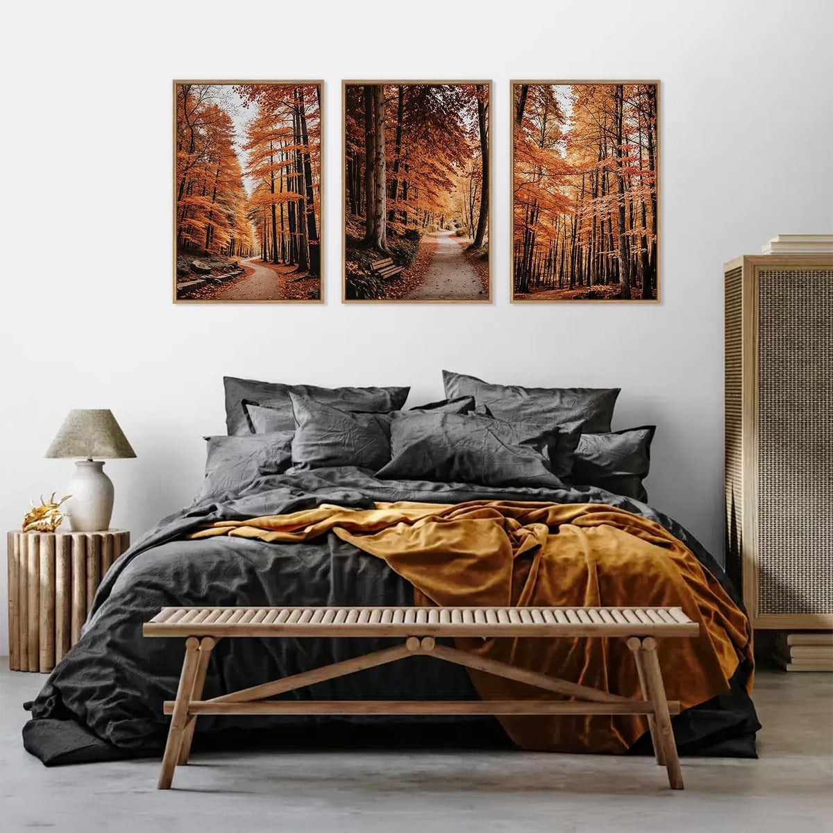 HLNIUC Autumn Forest Framed Canvas Wall Art,Fall Nature Pictures Wall Decor Set of 3(16”x24”) Large