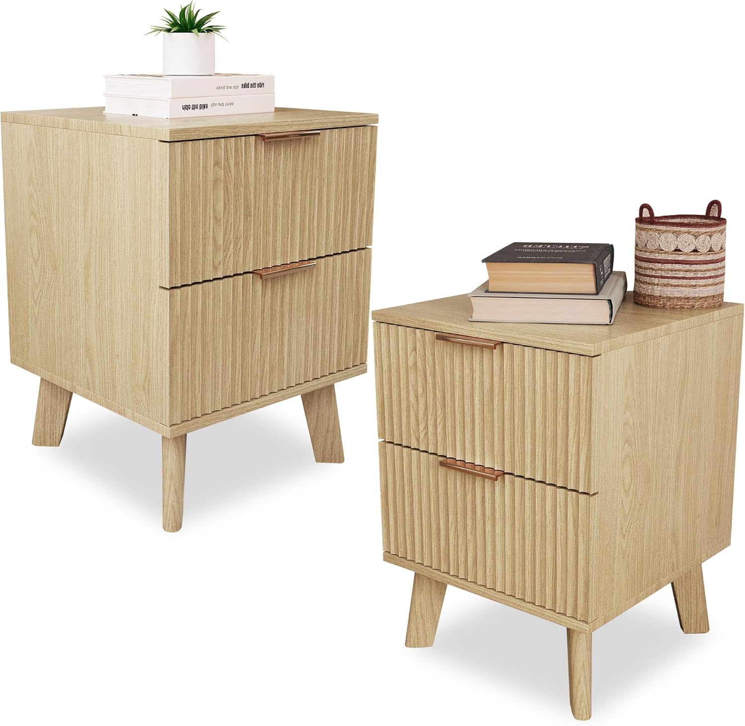 Fluted Nightstands Set of 2, Mid Century Modern 2 Drawer Dresser for Bedroom, Small Night Stand