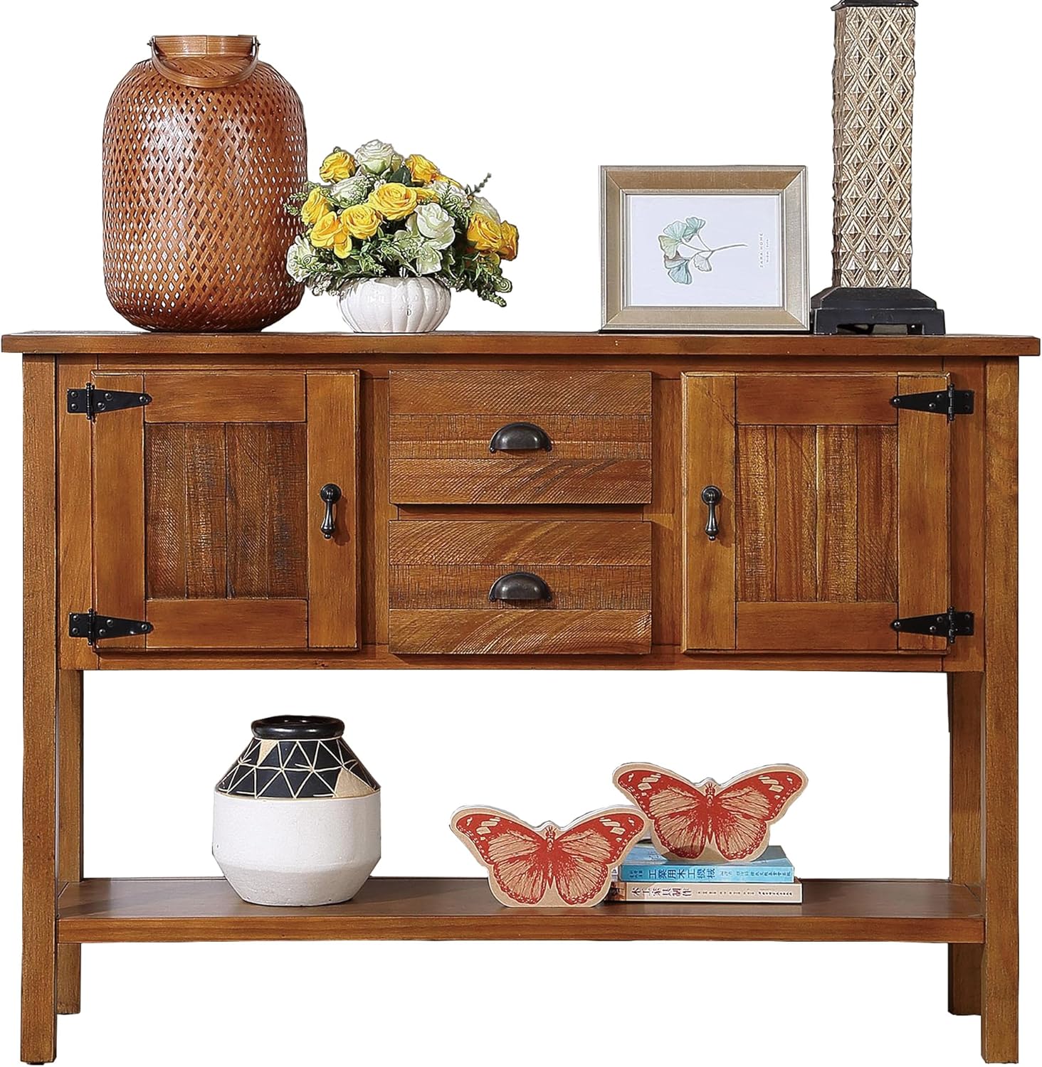 Solid Wood Farmhouse Console Table,Sofa Table with Storage Drawers and Shelves,Entryway Table for