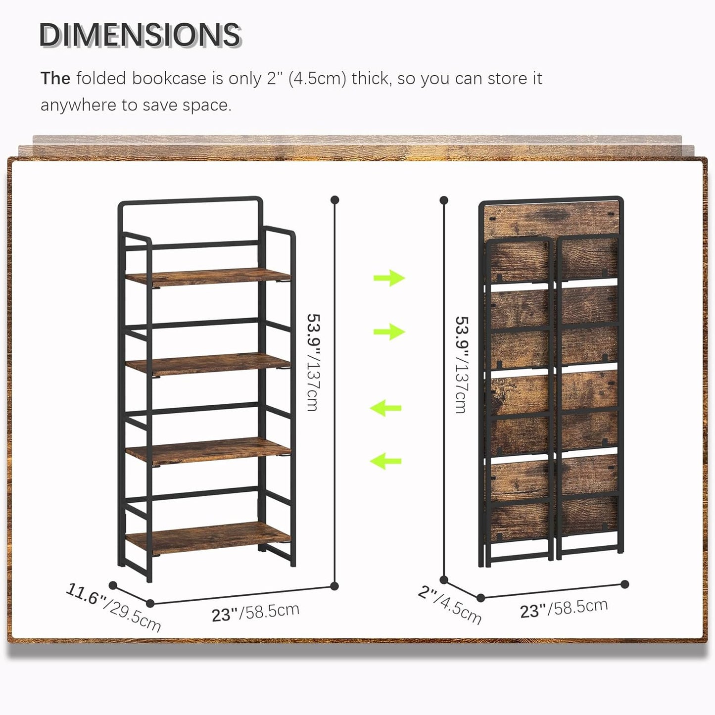 4NM No Assembly Foldable Bookshelf, 4-Shelf Collapsible Bookcase Storage for Small Spaces, 54" H
