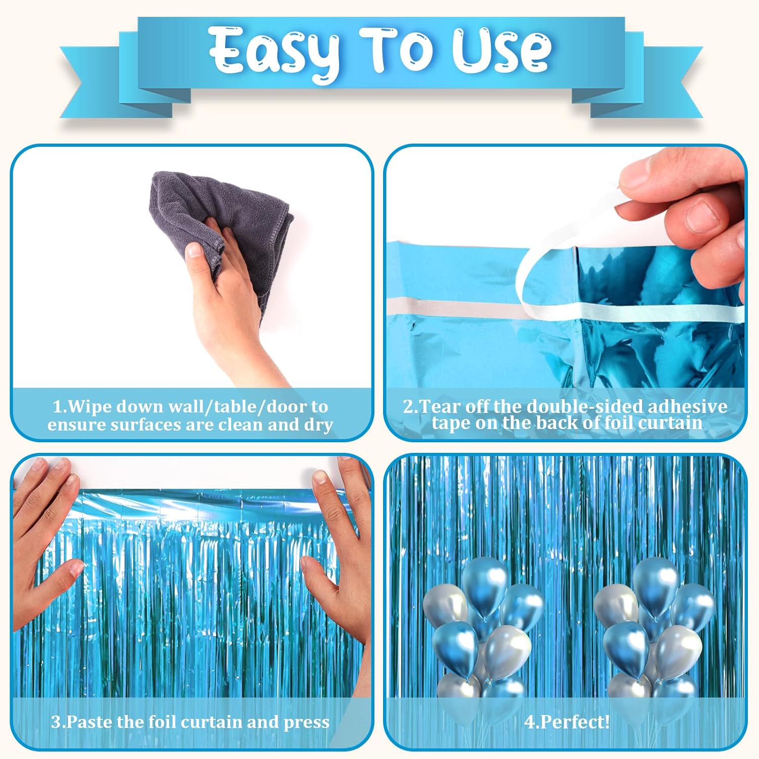 3 Pack 3.3 x 8.2 ft Retro Blue Foil Fringe Backdrop Curtains, Tinsel Streamers Party Decorations
