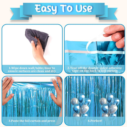 3 Pack 3.3 x 8.2 ft Retro Blue Foil Fringe Backdrop Curtains, Tinsel Streamers Party Decorations