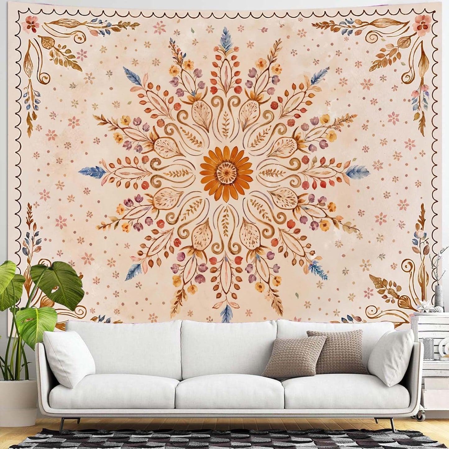 Fowocu Boho Floral Mandala Tapestry for Bedroom Aesthetic Watercolor Bohemian Flower Wall Tapestry