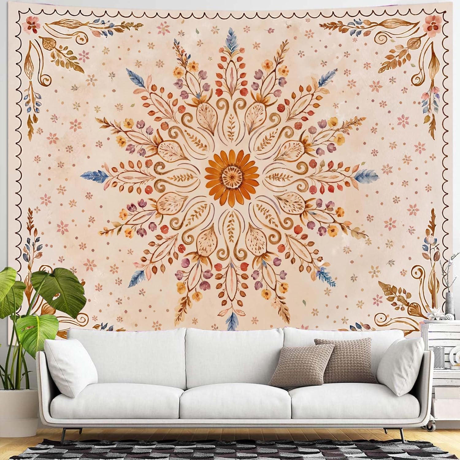 Fowocu Boho Floral Mandala Tapestry for Bedroom Aesthetic Watercolor Bohemian Flower Wall Tapestry