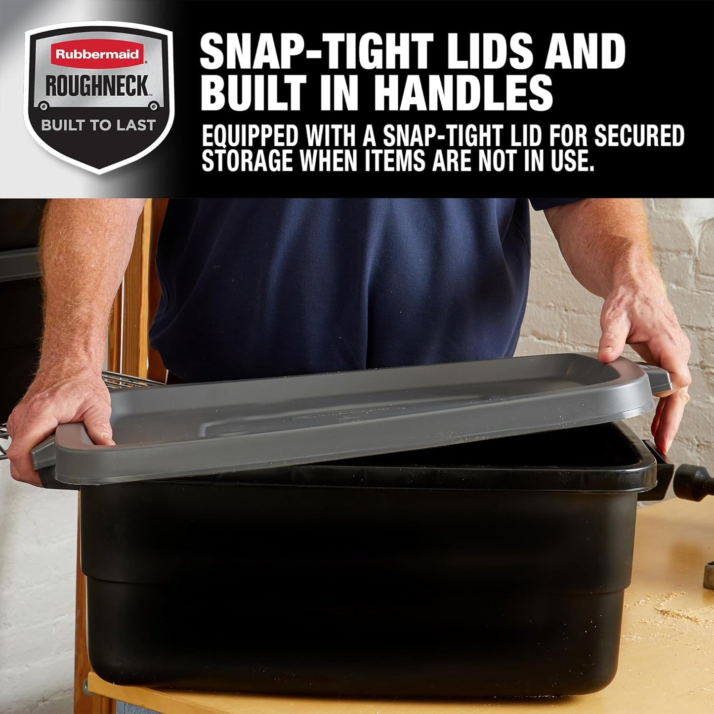 Rubbermaid Roughneck Tote 10 Gal, 6 Pack, Made in USA, Black & Gray, Rugged Plastic Stackable