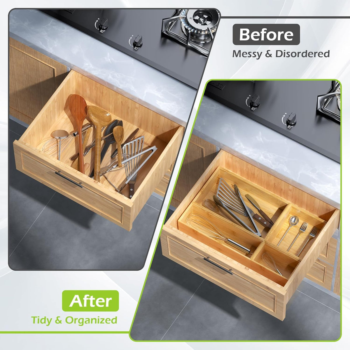 Bathroom Drawer Organizer Trays, Bamboo Silverware Drawer Organizer Kitchen Utensils, 8 PCS Wood