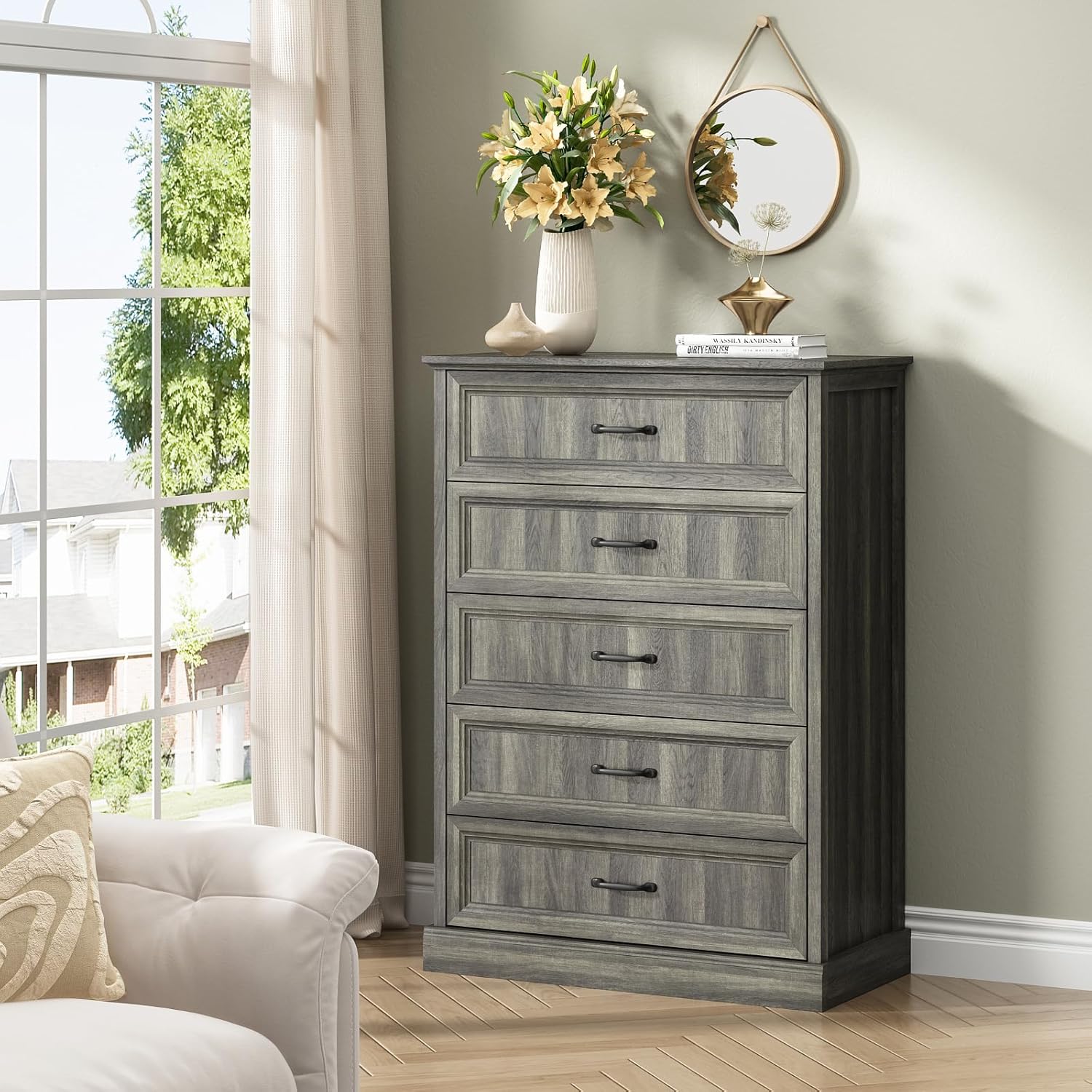 Farmhouse 5 Drawers Dresser for Bedroom, 44" Tall Grey dresser Wood Rustic Chest of Drawers with