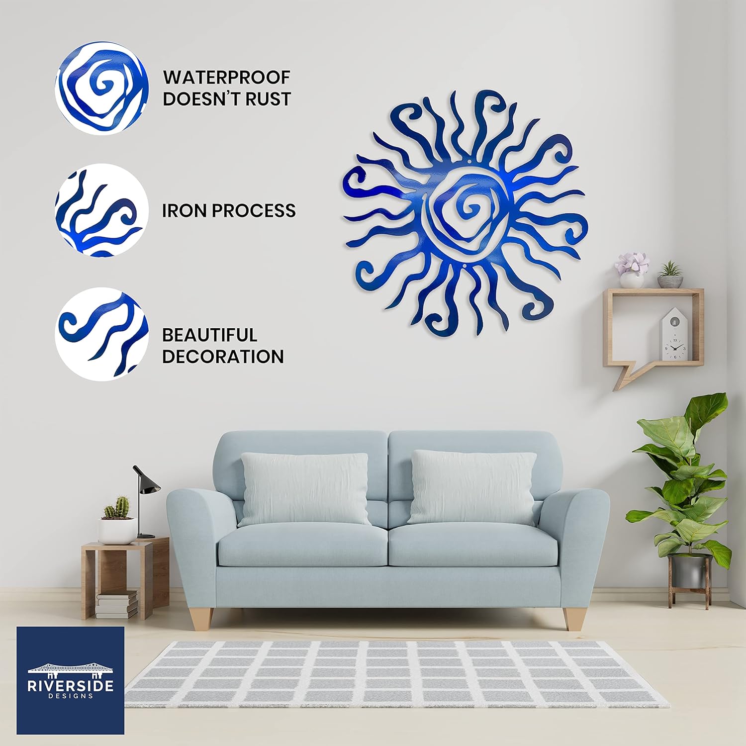 Riverside Designs Wacky Sun Metal Wall Art Indoor/Outdoor Decor - 12" Blue, Rust Proof Wall