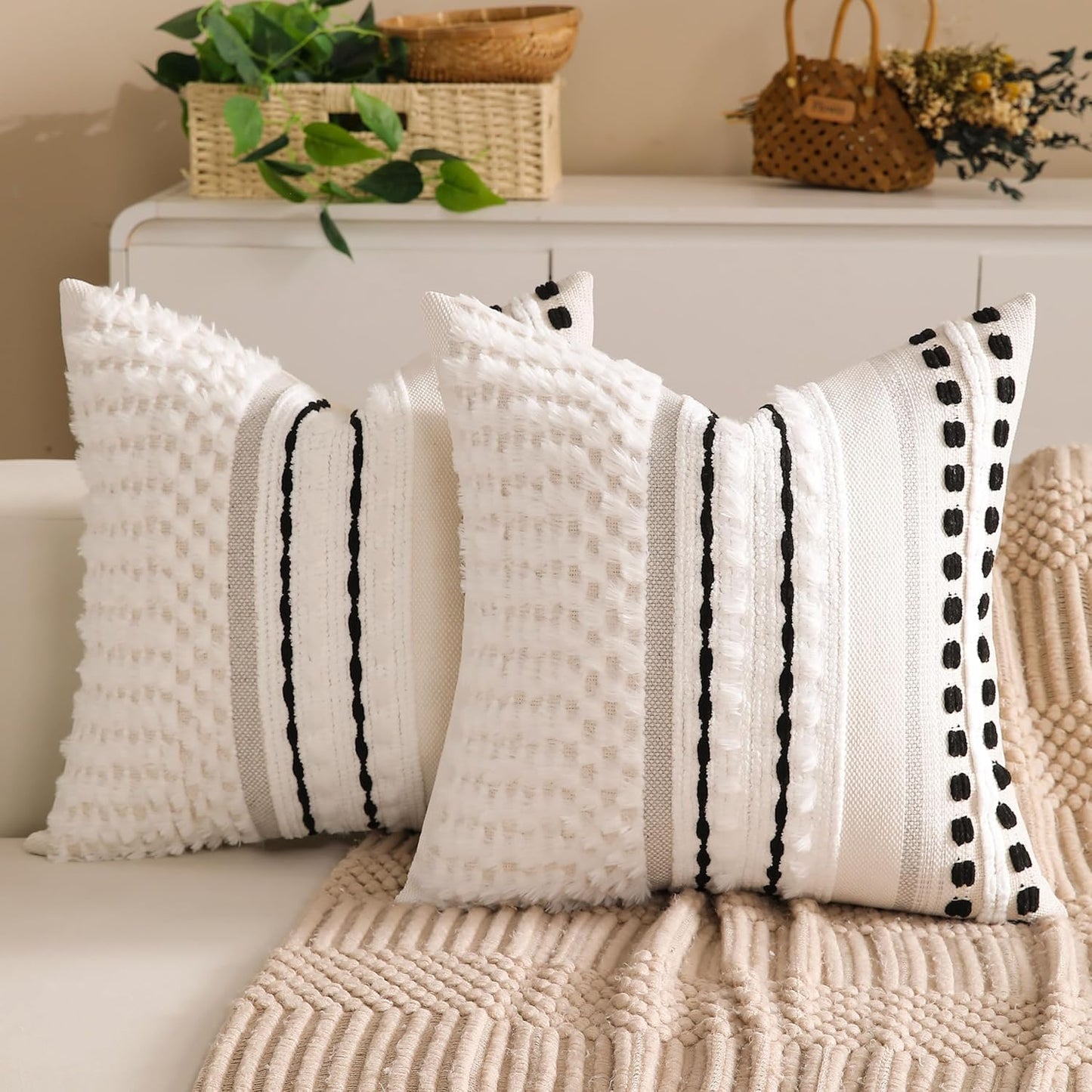 Boho Chenille Tufted Couch Throw Pillow Covers 18x18 Inch Set of 2 Farmhouse Striped Decorative