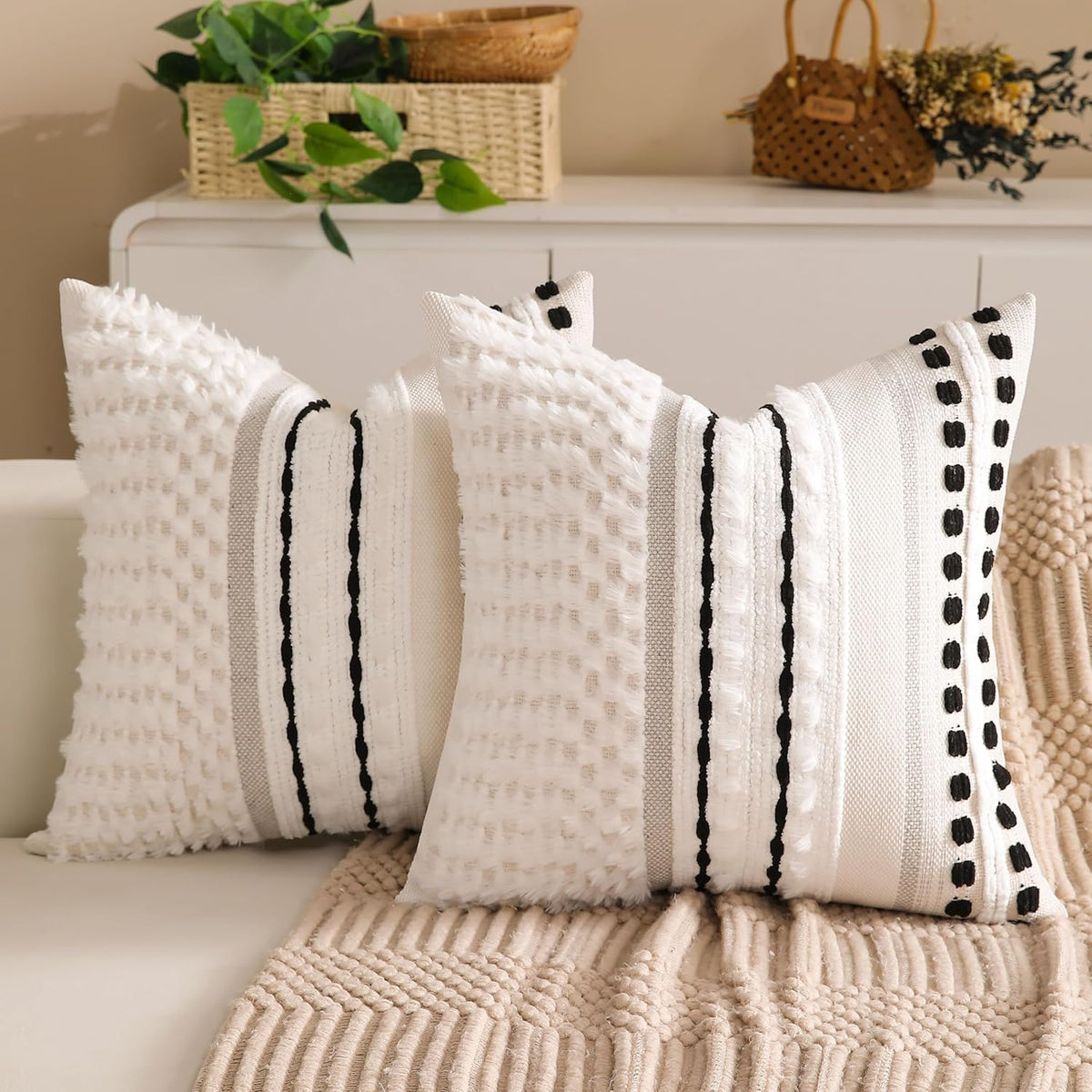 Boho Chenille Tufted Couch Throw Pillow Covers 18x18 Inch Set of 2 Farmhouse Striped Decorative