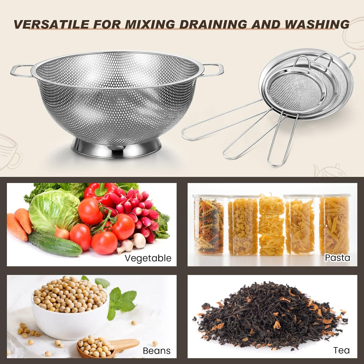 Norme 5 Quart Stainless Steel Silver Colander and 3 Pcs Silver Fine Mesh Strainer, Stainless Steel