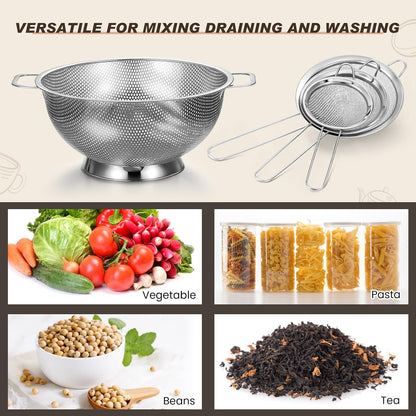 Norme 5 Quart Stainless Steel Silver Colander and 3 Pcs Silver Fine Mesh Strainer, Stainless Steel
