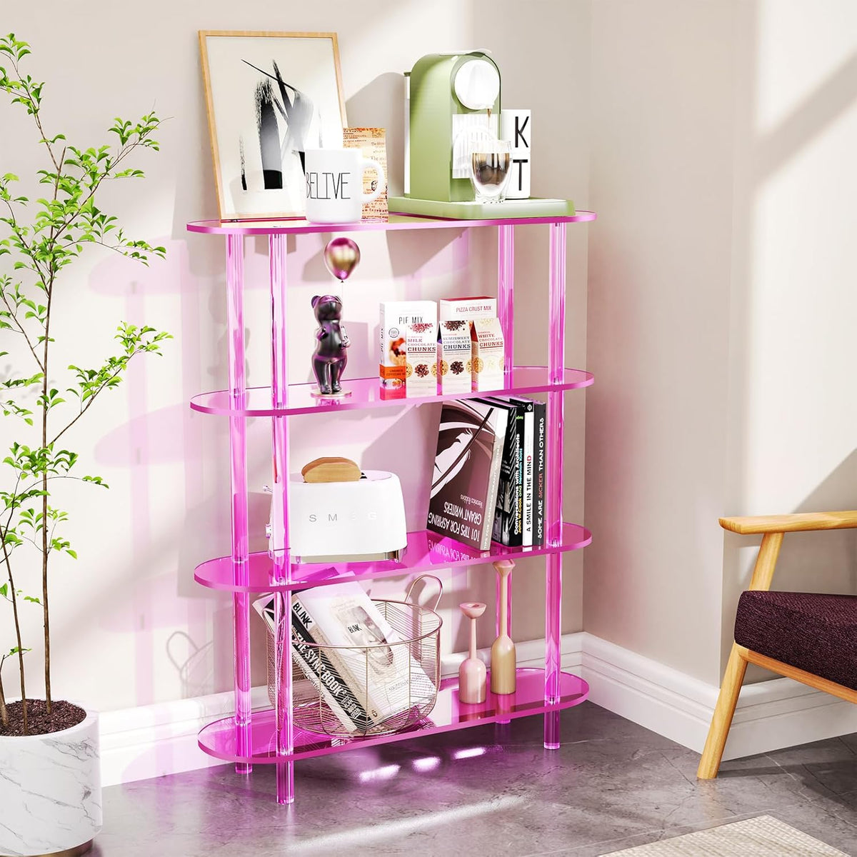 Clear Bookshelf, Acrylic Bookcase with Open Book Shelf Console Table for Entryway Office (4 Tier