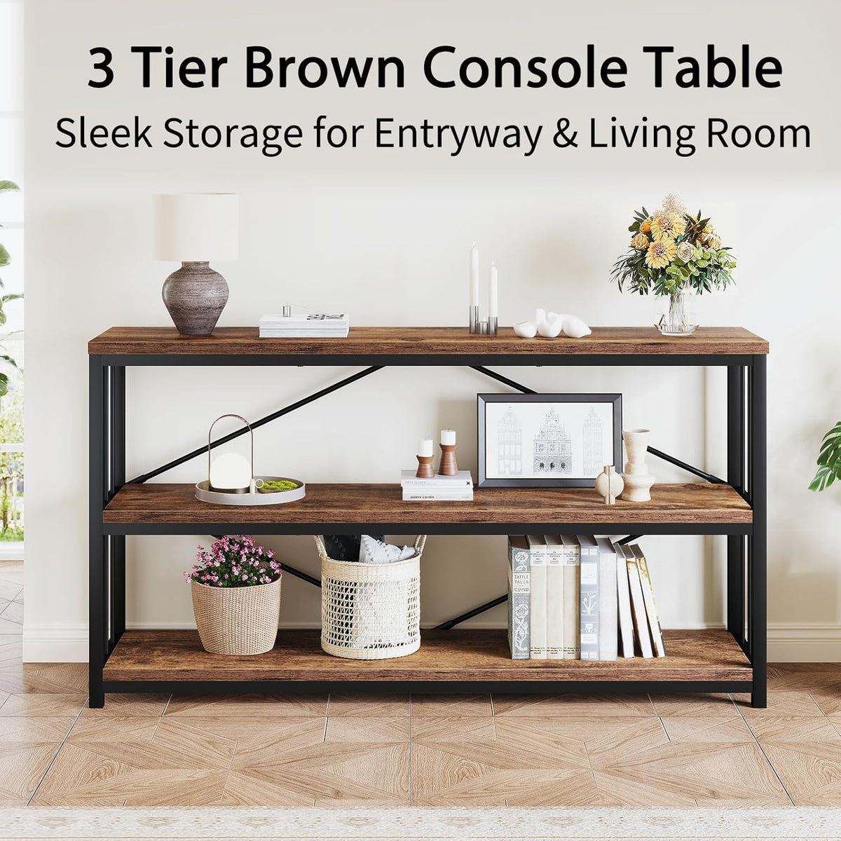 LVB Industrial Console Entryway Table, Metal Wood Rustic Sofa Table with Storage, Farmhouse 3 Tier