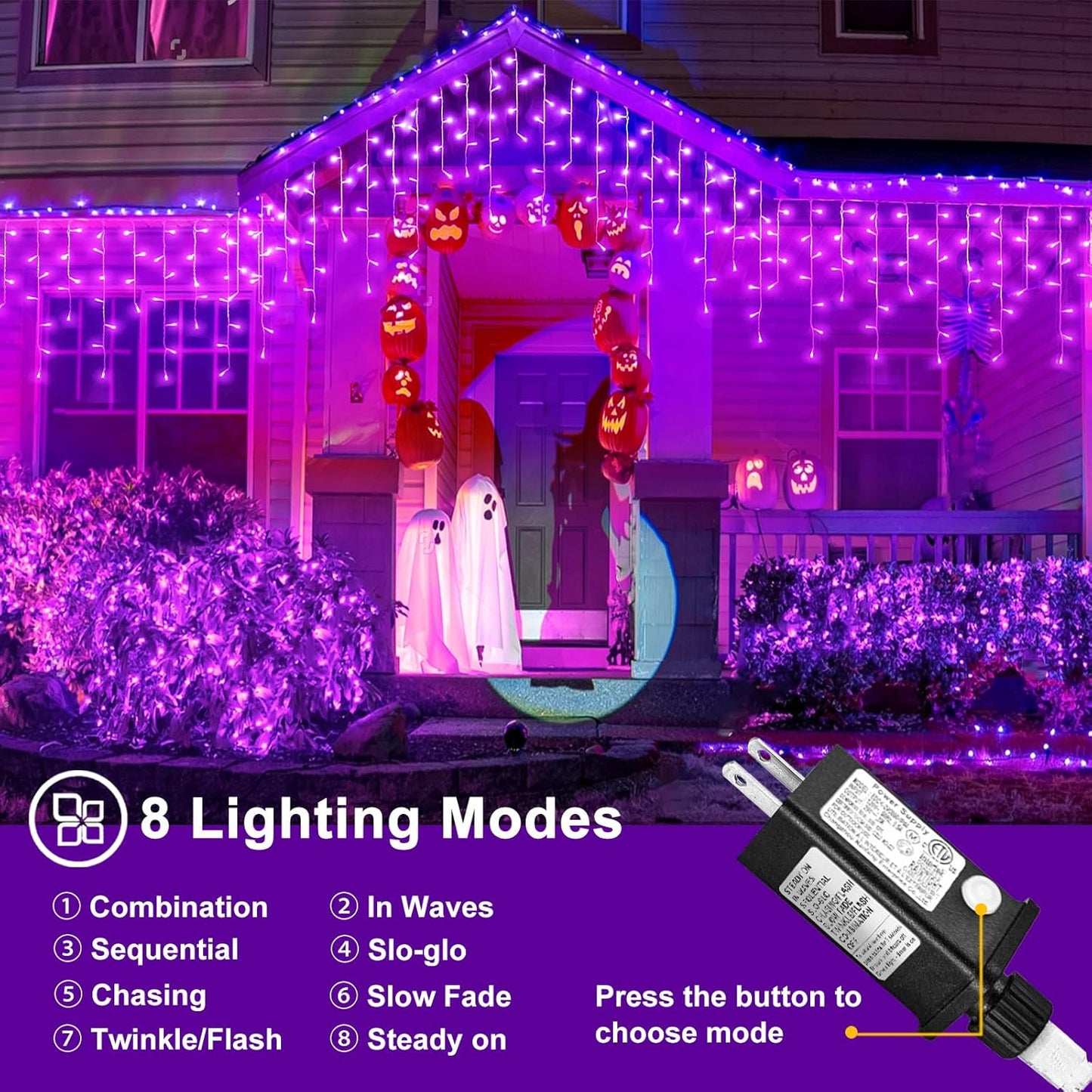 66ft Purple Halloween Lights Outdoor, 640 LED Icicle Lights for Outside Indoor Twinkle Lights with