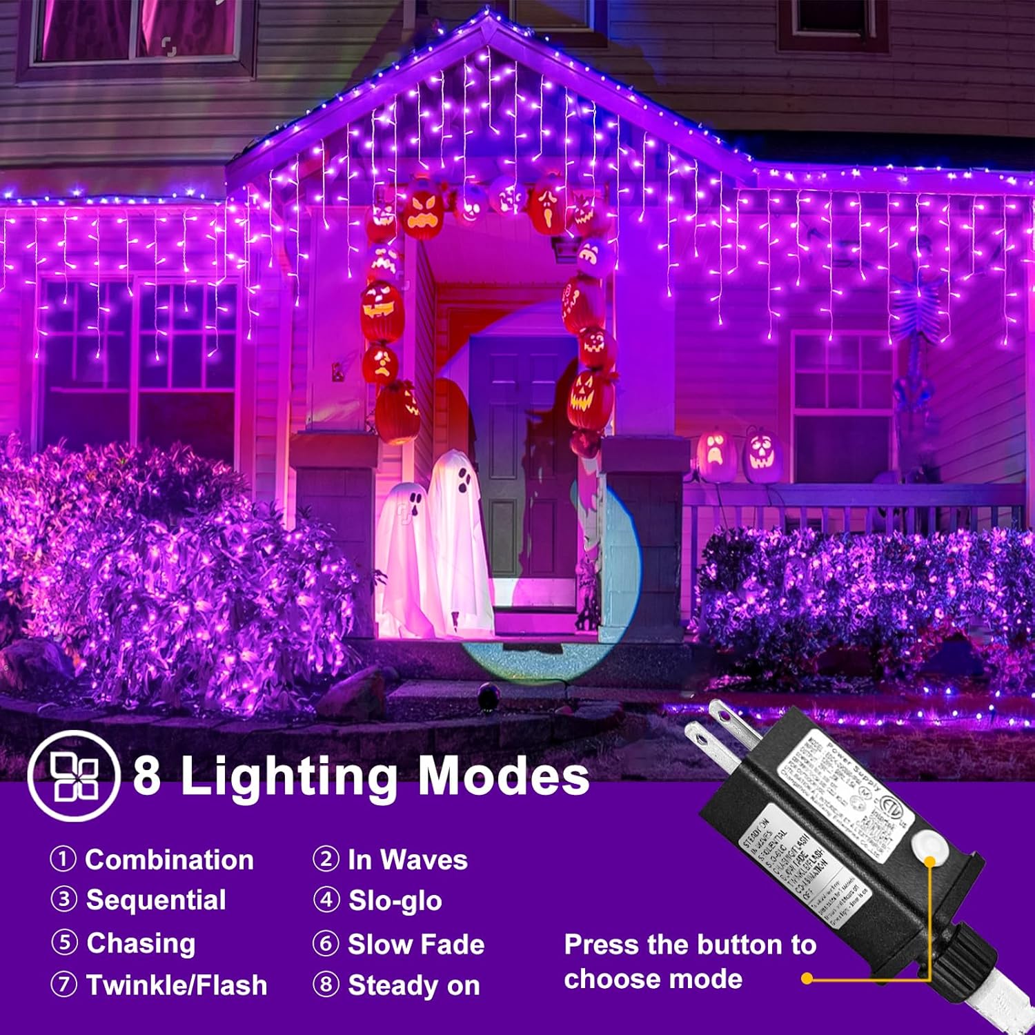 66ft Purple Halloween Lights Outdoor, 640 LED Icicle Lights for Outside Indoor Twinkle Lights with