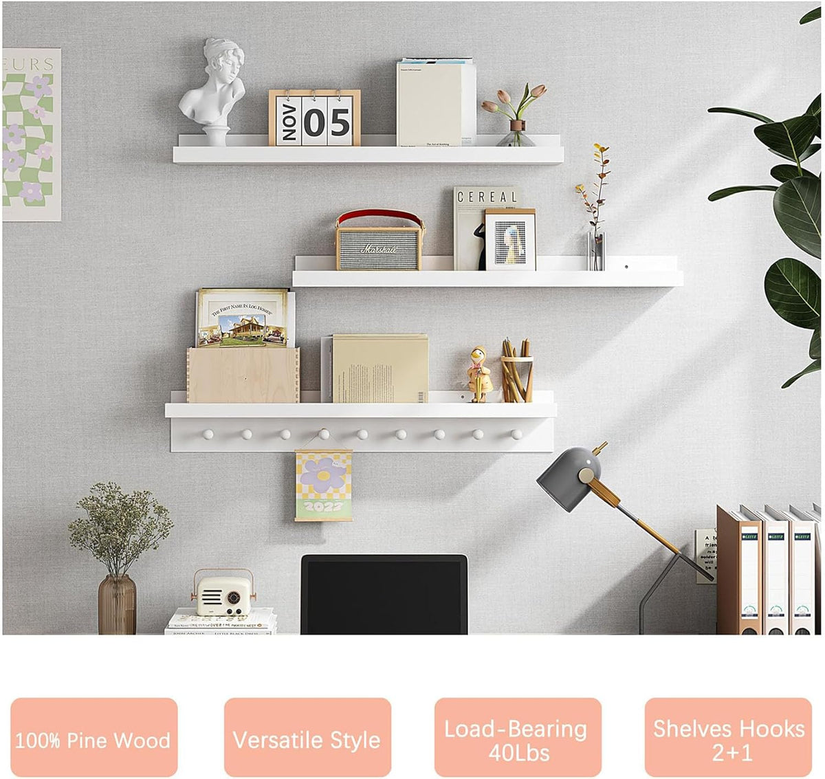 MBYD White Floating Shelves for Wall with Hooks, Nursery Book Shelves for Kids Room, 36 Inch Wall