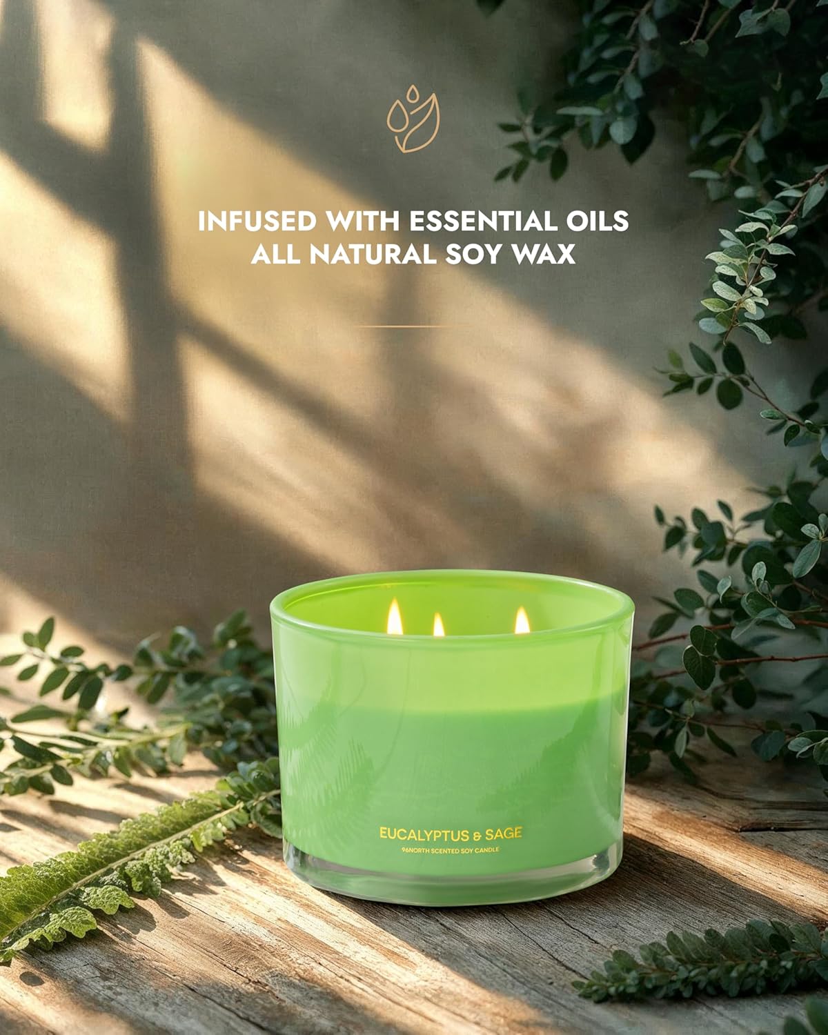 96NORTH Luxury Eucalyptus & Sage Soy Candle | Large 3 Wick Jar Candle | Up to 50 Hours Burning Time