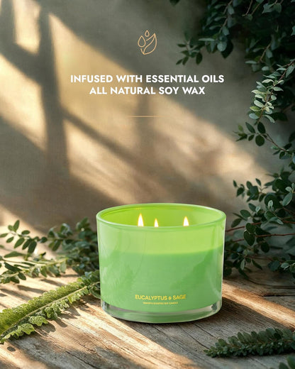 96NORTH Luxury Eucalyptus & Sage Soy Candle | Large 3 Wick Jar Candle | Up to 50 Hours Burning Time