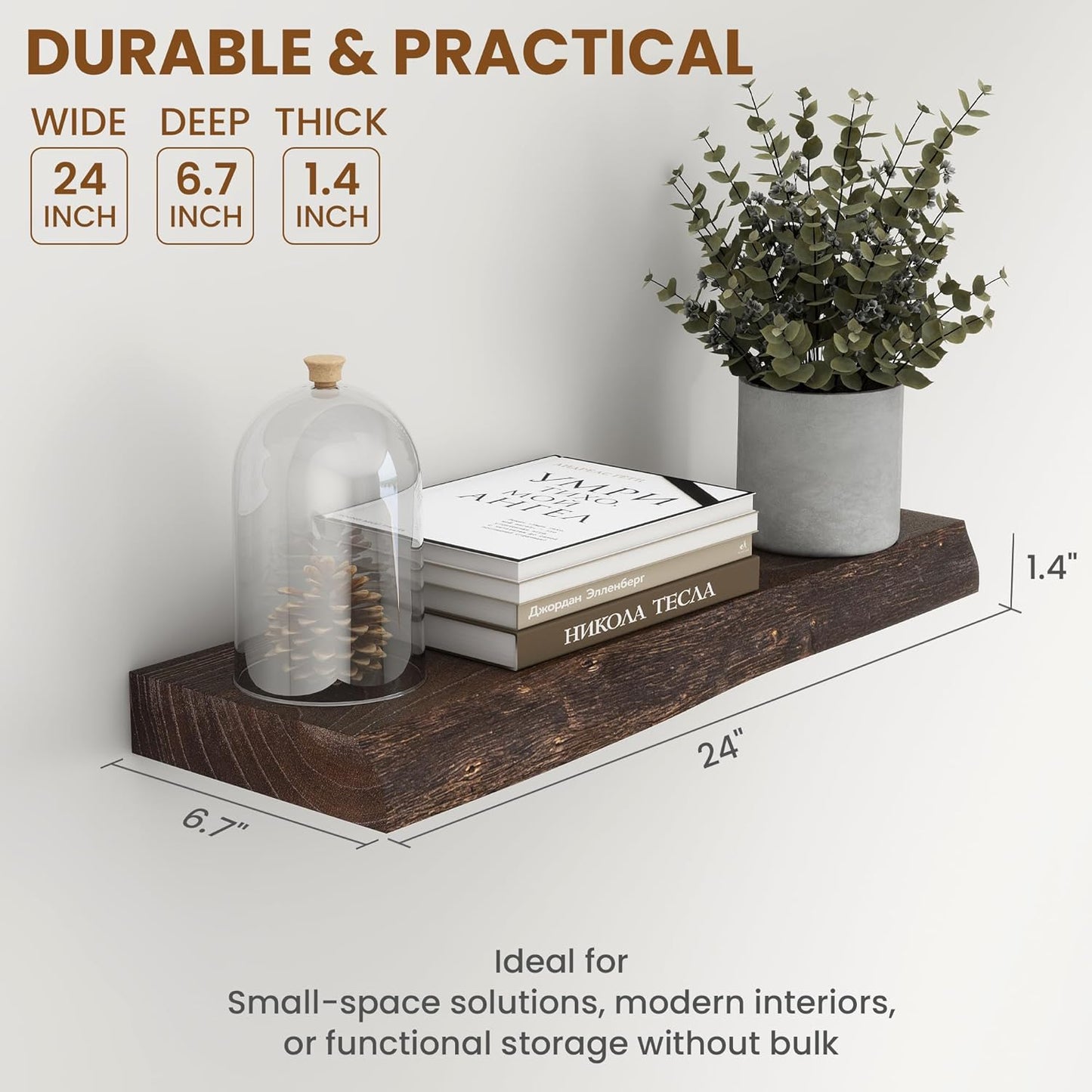 24" Floating Shelves, Live Edge Solid Elm Wood Floating Shelf, Wall Mounted Display Shelves with