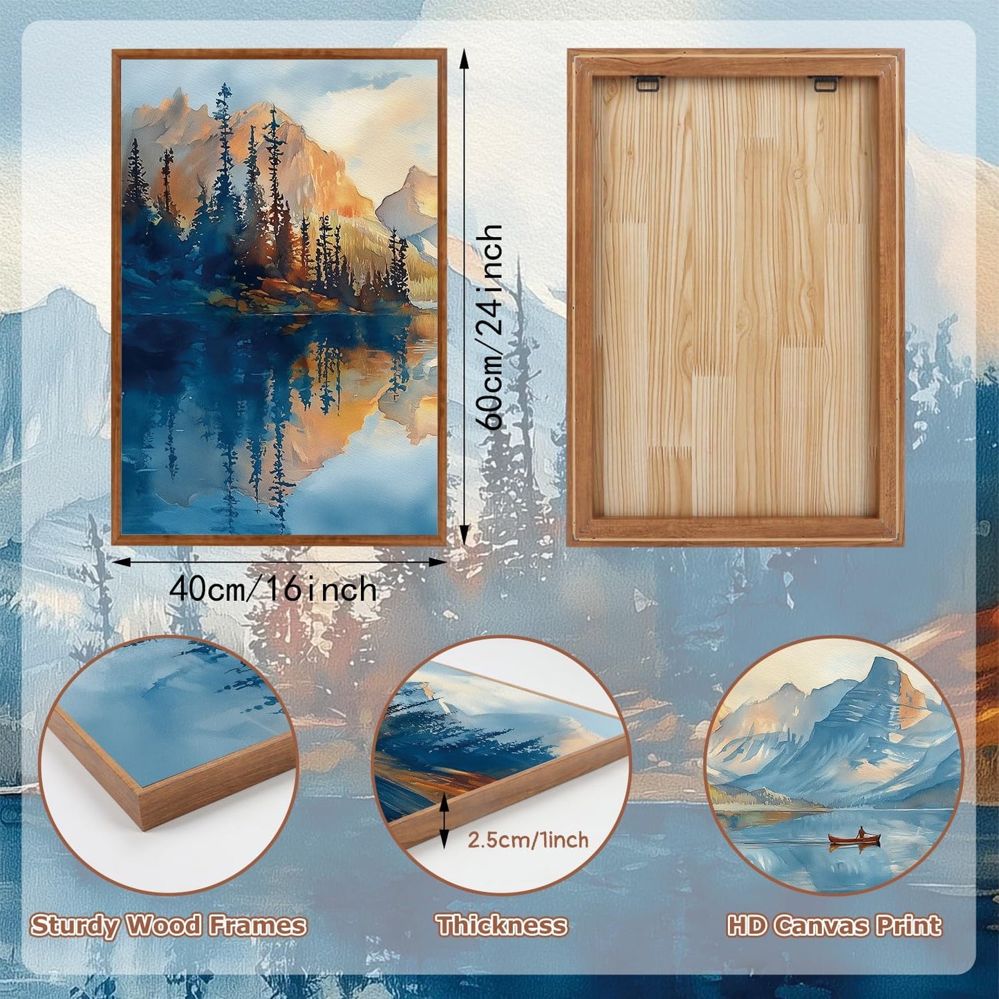 KAIRNE Framed Large Landscape Wall Art,Abstract Forest Prints Paintings,Watercolor Blue Mountain