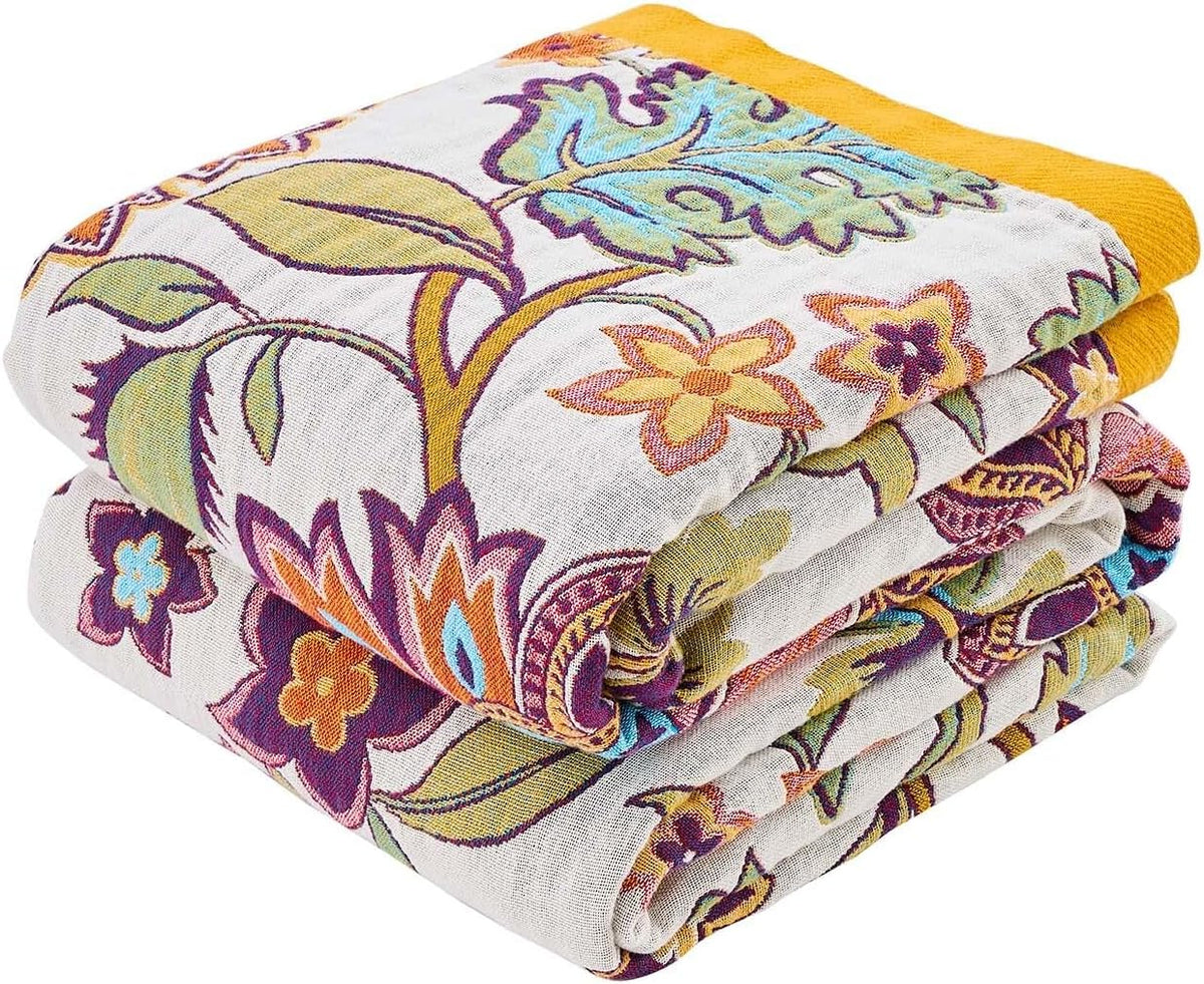 Boho Throw Blanket for Bed, 100% Cotton Soft Rustic Quilt Fall Blanket, 90"x98" Floral Printed