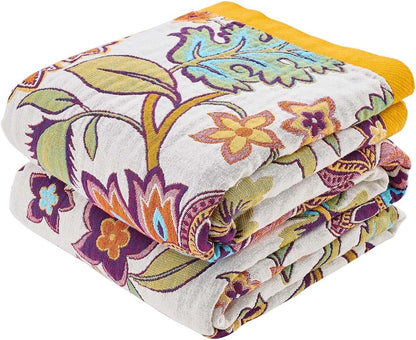 Boho Throw Blanket for Bed, 100% Cotton Soft Rustic Quilt Fall Blanket, 90"x98" Floral Printed