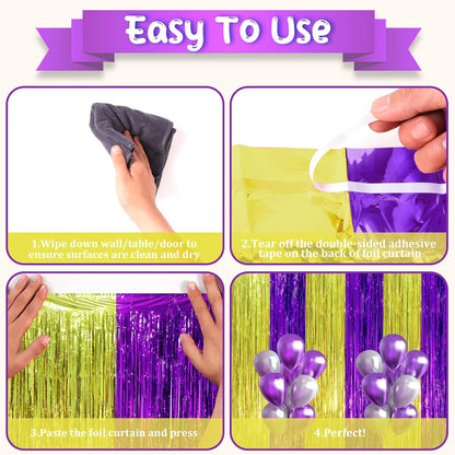 3 Pack 3.3 x 8.2 ft Purple and Gold Foil Fringe Backdrop Curtains, Tinsel Streamers Party