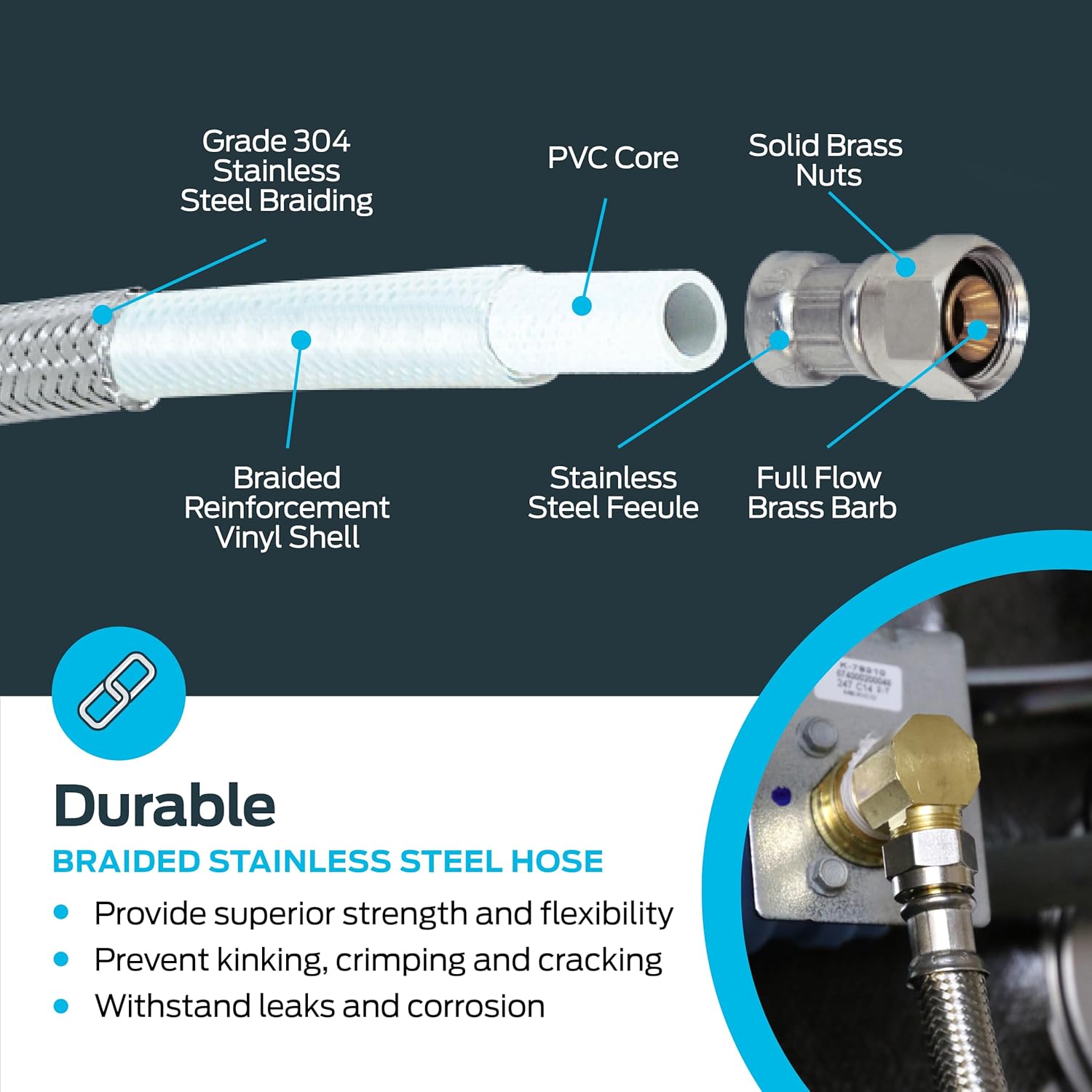 Eastman Dishwasher Installation Kit, 12 Foot Hose with Adapters, 3/8 Inch MIP x 3/4 Inch FHT