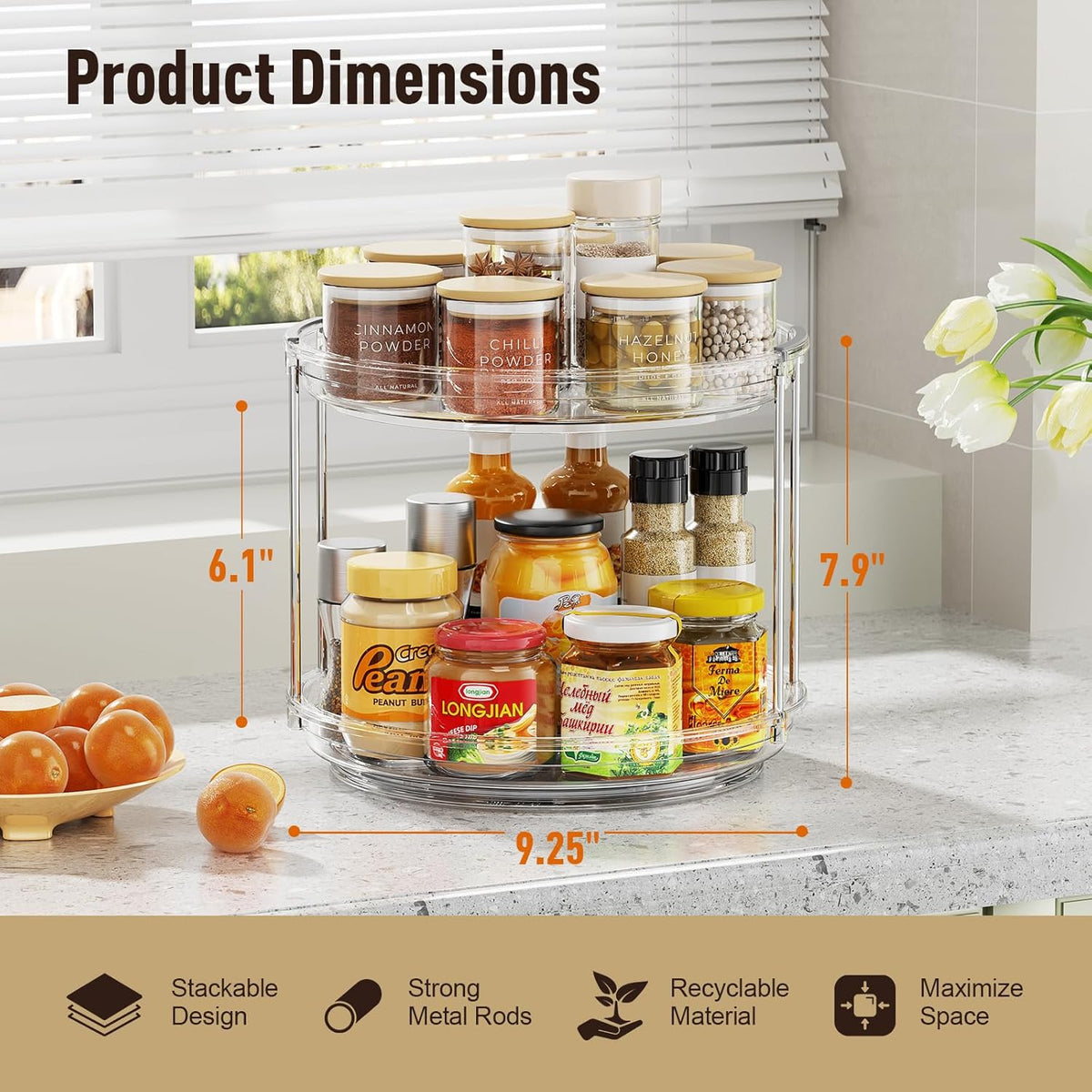 2 Pack 2 Tier Lazy Susan Organizer, 9.25'' Lazy Susan Turntable for Cabinet, Stackable Turntable