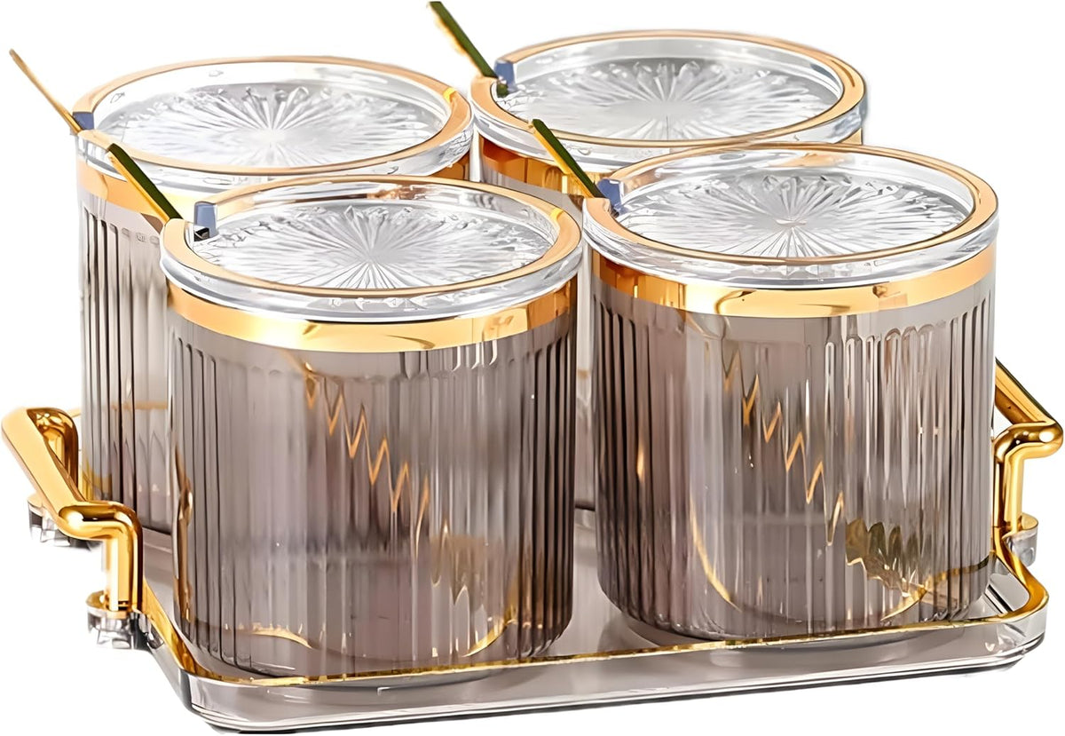 Acrylic Condiment Spice Jars,Condiment Spice Box With Lids and Spoons and Tray,Clear Plastic