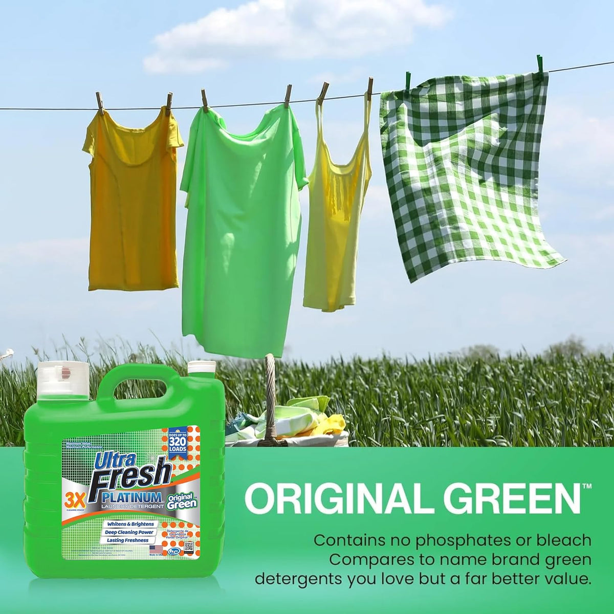 Ultra Fresh 2 Pack 3X Platinum Liquid Laundry Detergent up to 320 Loads, Original Green - Deep
