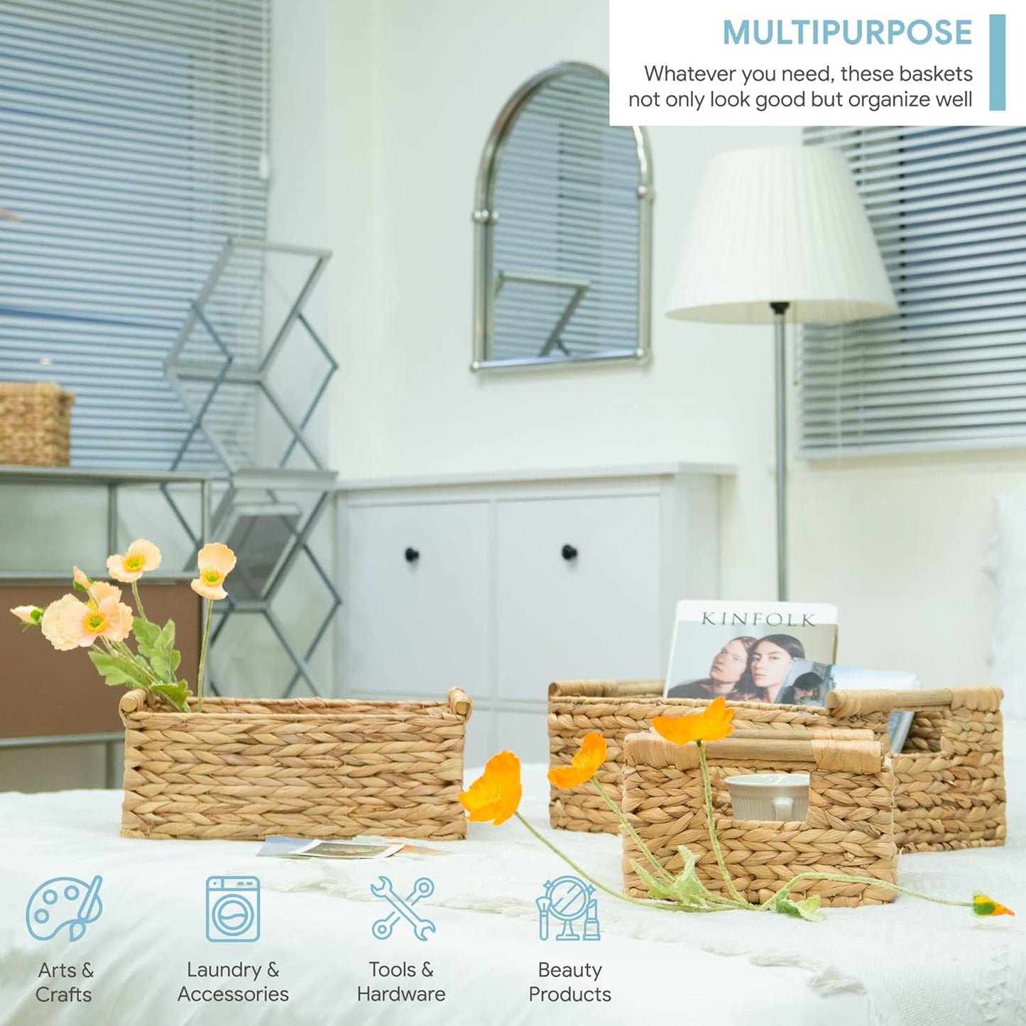 VATIMA Hyacinth Wicker Basket Set 3 size - Rectangular, Wooden Handles, Shelf Organizer, Natural