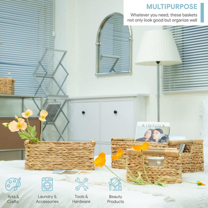 VATIMA Hyacinth Wicker Basket Set 3 size - Rectangular, Wooden Handles, Shelf Organizer, Natural