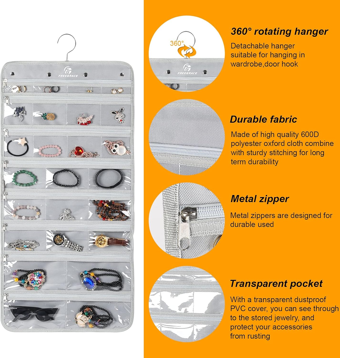 Freegrace Hanging Jewelry Organizer Revolving Hanger - Secure Zipper Closure - 25 Pockets,23 Hooks