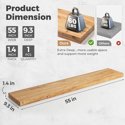 RICHFOCUS Elm Floating Shelves for Wall - 55" W x 9.3" D Rustic Solid Wood Shelves with Invisible