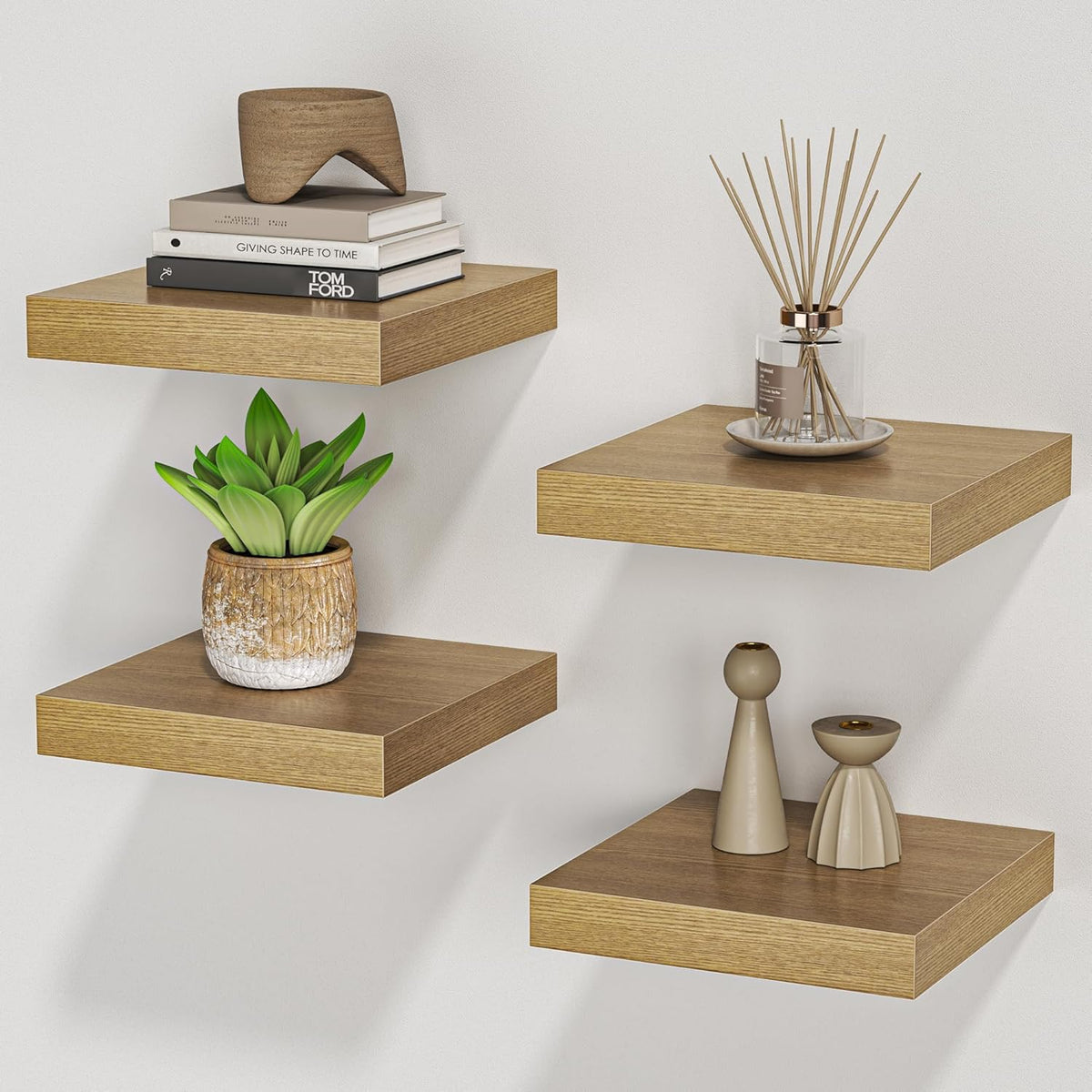 Square Floating Shelves for Wall, 8" W x 8" D x 1.2" H, Small Wooden Wall Mounted Display Shelves