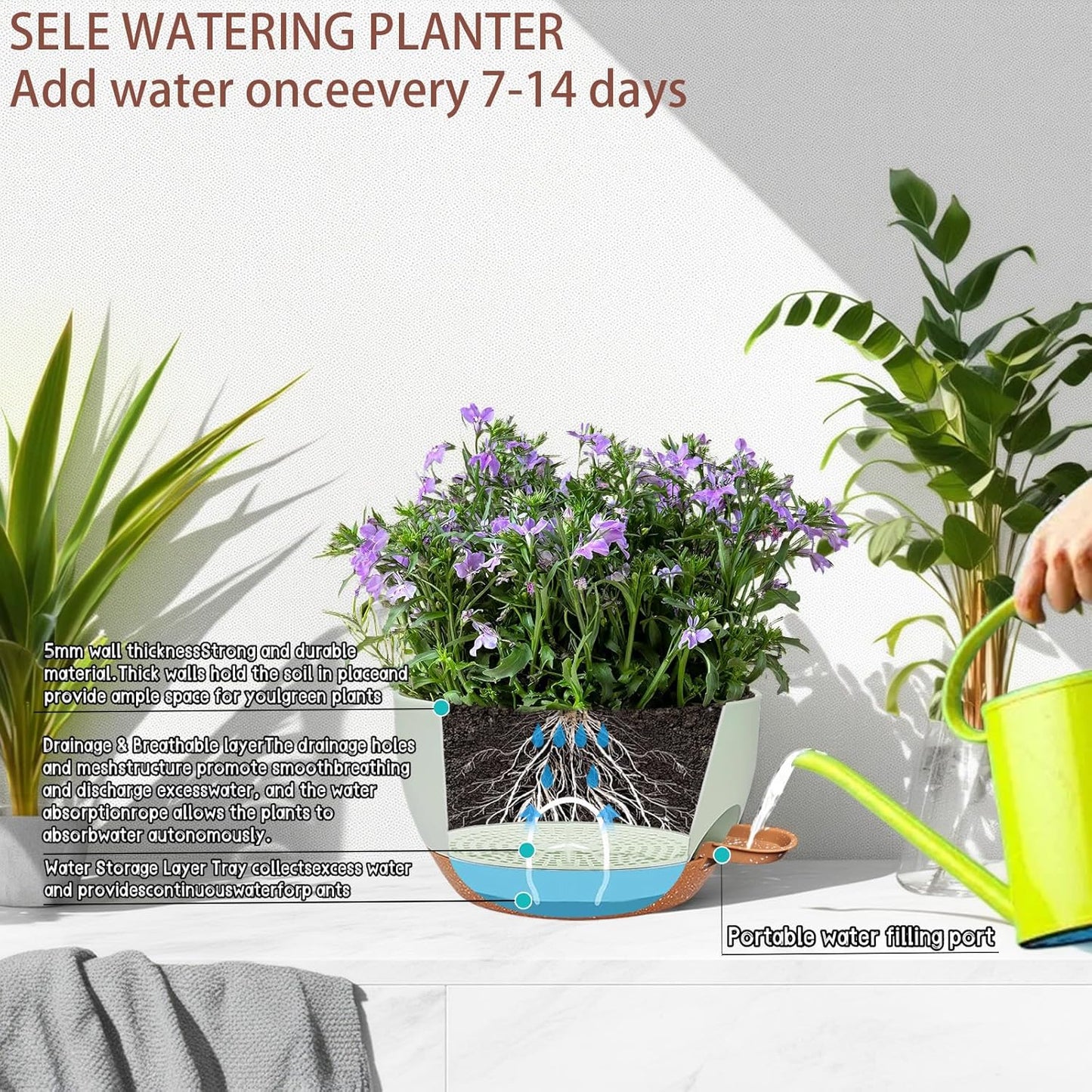 2 Pack 12 Inch Large Hanging Planters with Chains Self Watering Green Brown Plastic Hanging Pots