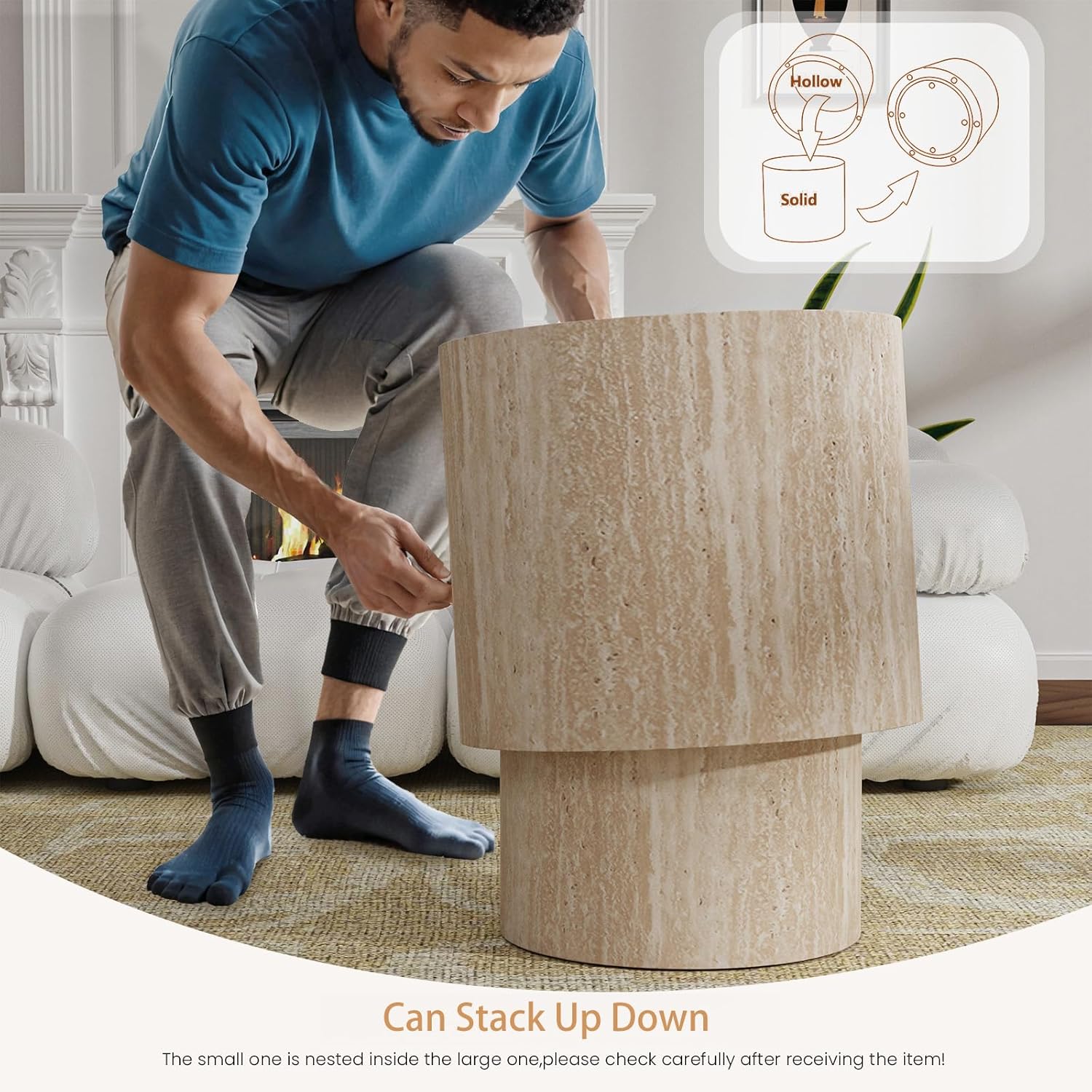 Travertine Round Nesting Coffee Tables 2 Piece Set - Contemporary Design, Round Drum Nesting Side