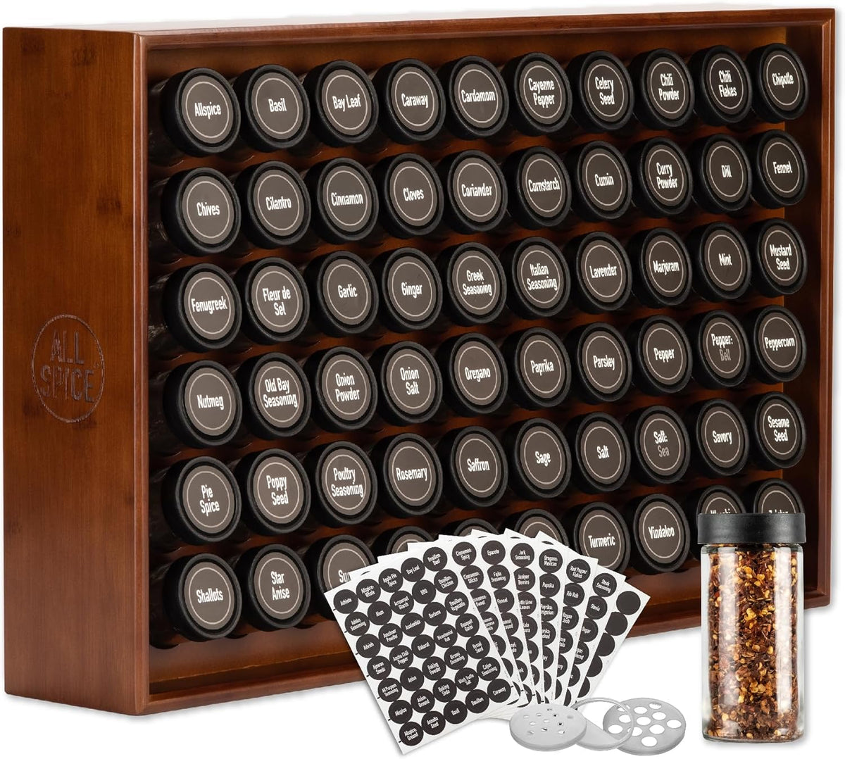AllSpice Spice Rack Organizer, Wood, 525 Unique Labels, Countertop or Wall Mount, Includes 60 4oz