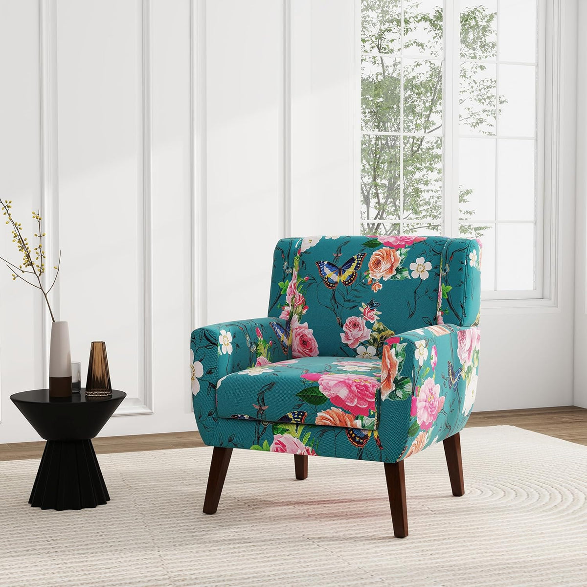 UIXE Floral Accent Chair, Modern Upholstered Armchair in Fabric for Living Room, Comfy Club Arm
