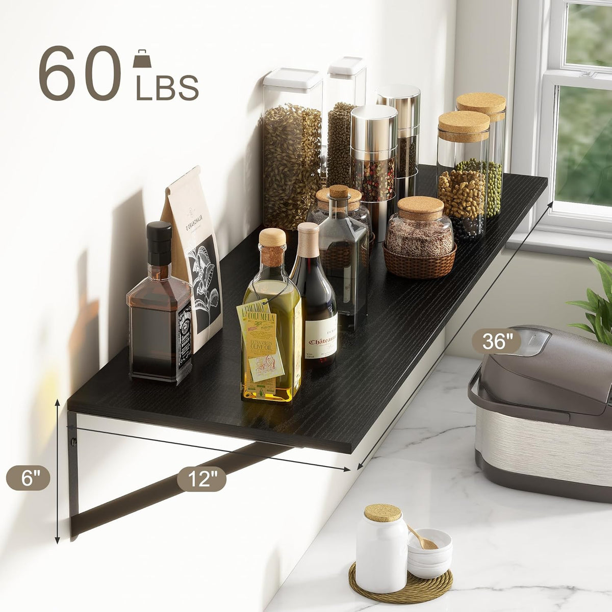 36"W x 12"D Floating Shelves, Black Deep Floating Shelves for Wall with Brackets, 12 Inch Deep Wall