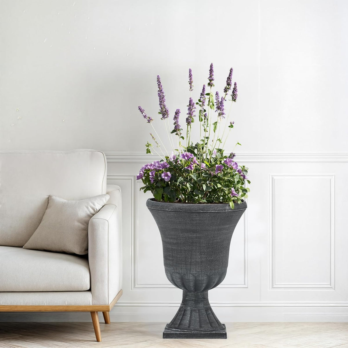 22" Large Urn Planters for Outdoor Plants, Set of 2 Plastic Flower Pot with Handmade Washed Black
